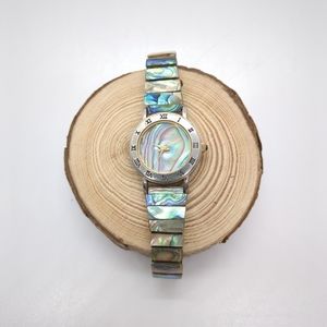 Vintage 90s Pierre Nicol Gold Tone Abalone Stretch Analog Quartz Watch